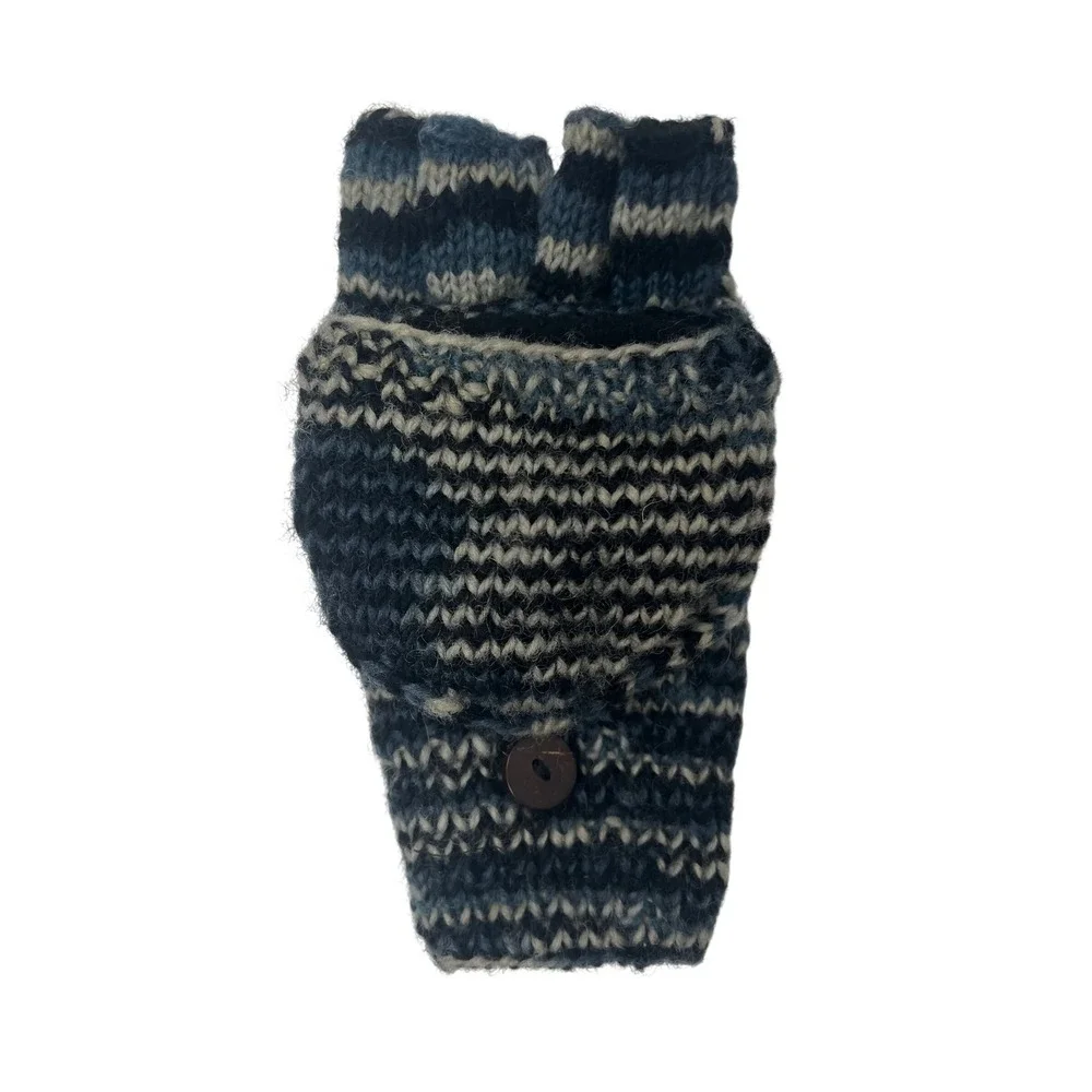 Wool Blue Marled Knit Convertible Flip Top Mittens Fleece‎ Lined Glittens
